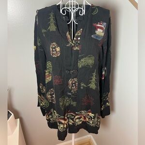 VTG Citron Santa Monica Silk Embroidered Asian Print Kimono Style Jacket Size L